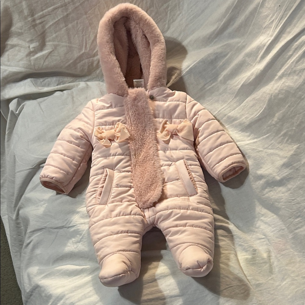 Baby girl clothes pink snowsuit zip front,snaps, 4 onesies (2 w/ ls,legs)